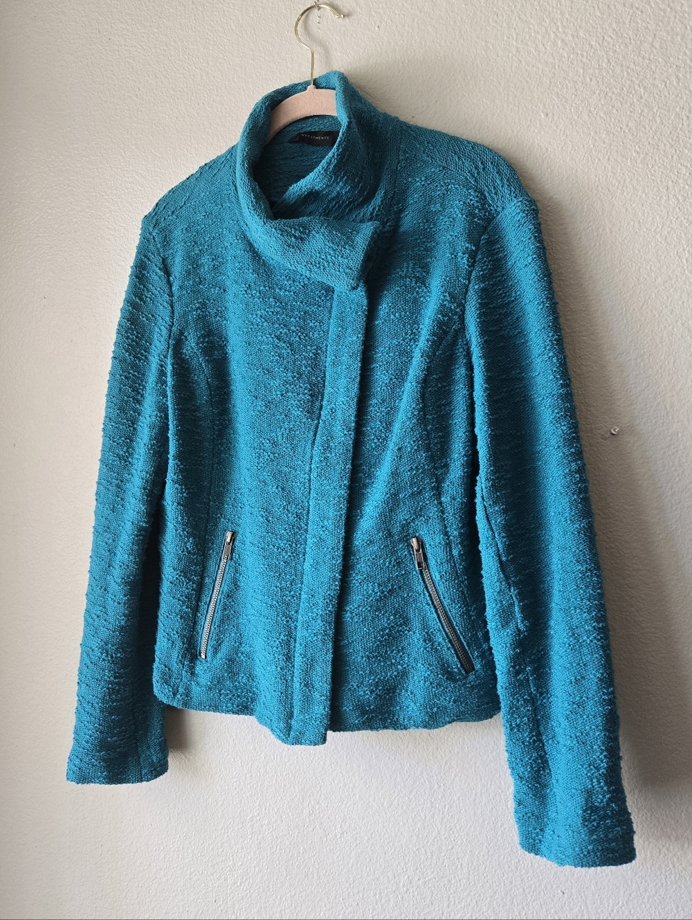 Teal Bouclé Zip-Pocket Jacket - Size S Cotton Textured Knit Coat, Investments